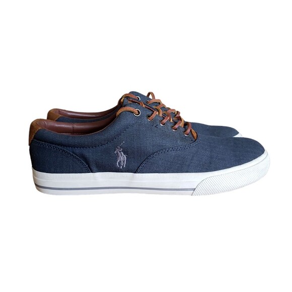 Polo Ralph Lauren  Men's Size US 11.5D Blue Canvas Thorton Brown Leather Sneaker - Picture 2 of 11